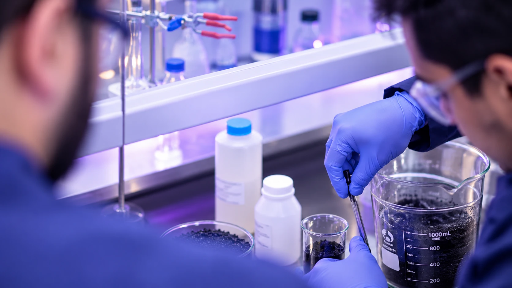 Laboratory specialists preparing and evaluating material samples