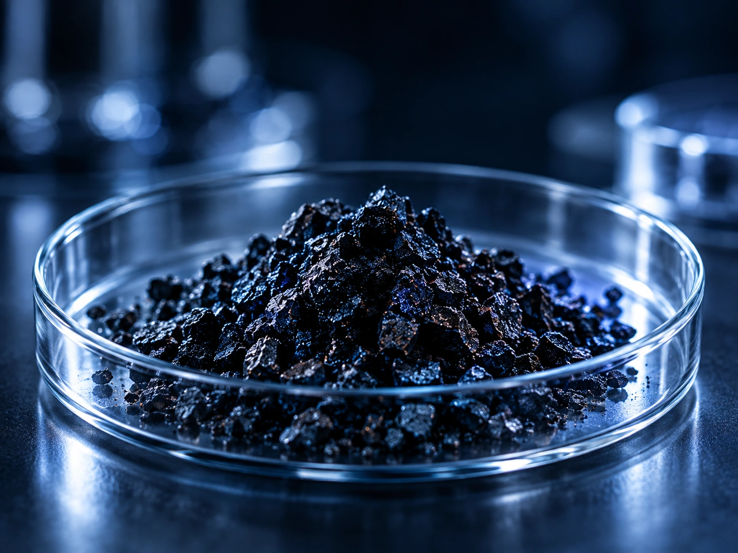 Muestra de materiales carbonosos en placa de Petri dentro del laboratorio